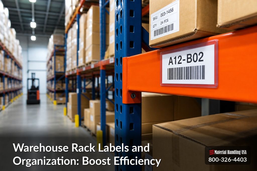 Warehouse rack labeling and organization system on steel pallet racking