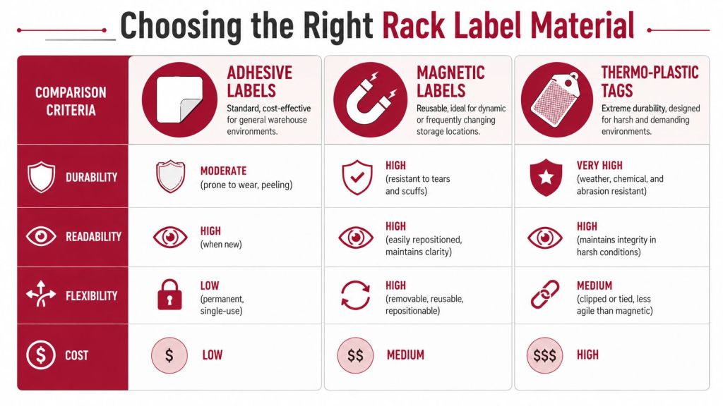 A comparison chart for choosing the right rack label material including adhesive, magnetic, and thermo-plastic tags.