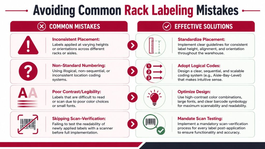 An infographic showing common rack labeling mistakes and effective solutions for warehouse organization and inventory management.