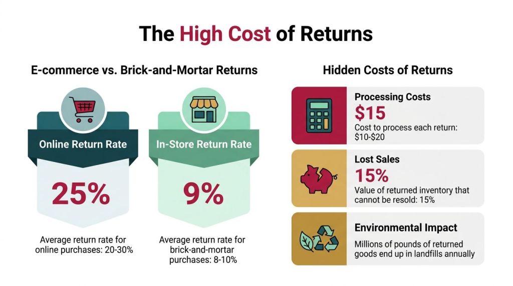 An infographic illustrating the high economic and environmental costs associated with retail product returns for businesses.