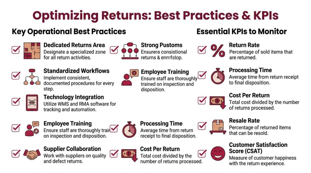 An infographic titled Optimizing Returns outlining best practices and key performance indicators for efficient warehouse return processing.