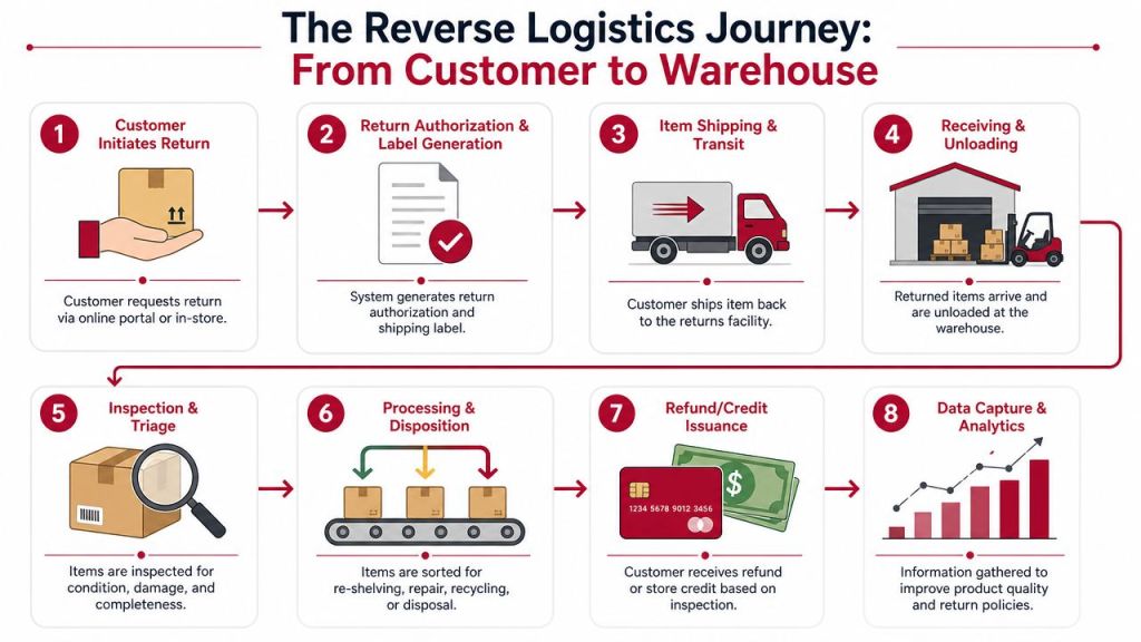 An infographic illustrating the eight-step reverse logistics process from customer return initiation to final data analysis.