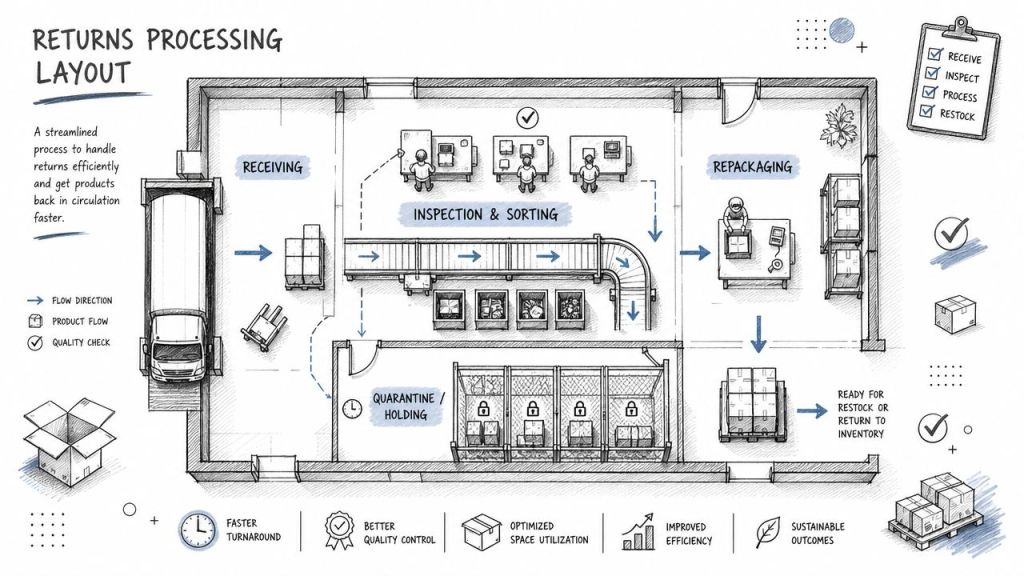 A diagram illustrating an efficient warehouse returns processing layout from receiving to inspection, repackaging, and inventory restock.