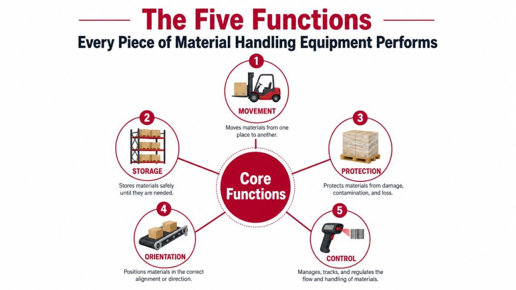 An infographic showing the five core functions of material handling equipment: movement, storage, protection, orientation, and control.