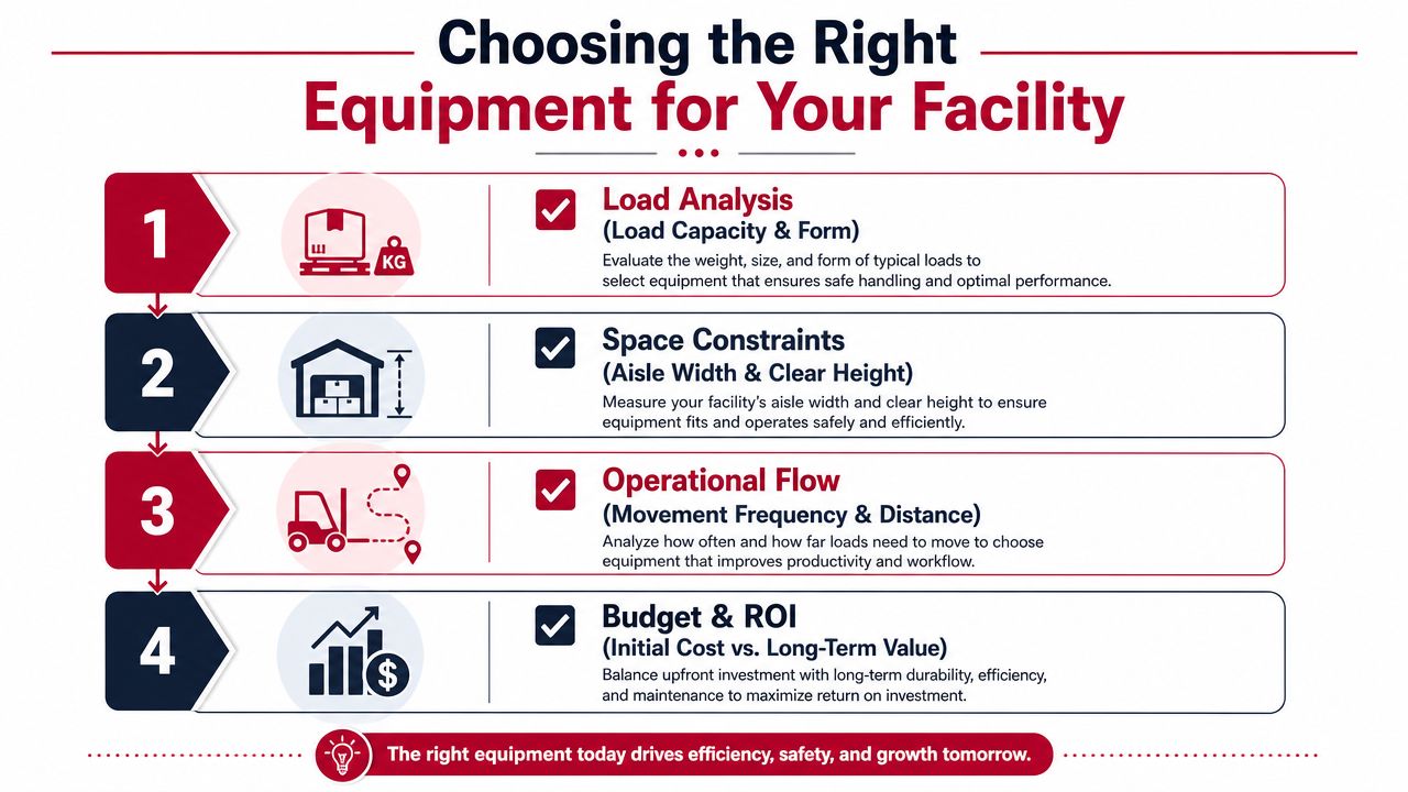 An infographic titled Choosing the Right Equipment for Your Facility, illustrating four essential steps for selecting warehouse equipment.
