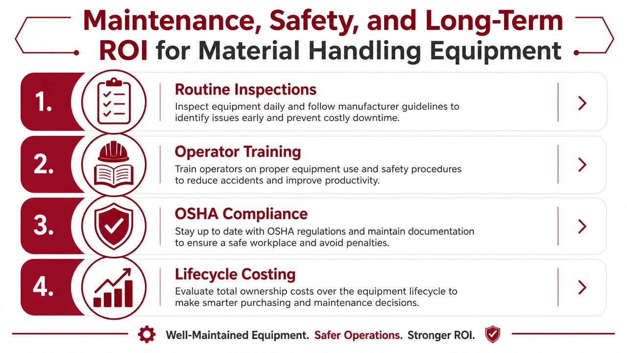 A professional infographic outlining four key strategies to maximize ROI for industrial material handling equipment maintenance and safety.
