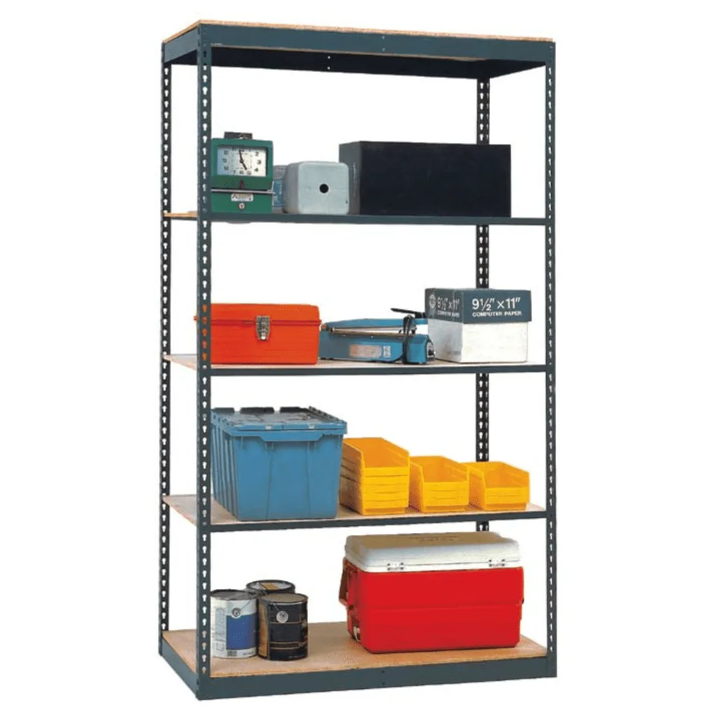 Rivet shelving unit with five levels organizing assorted boxes and parts