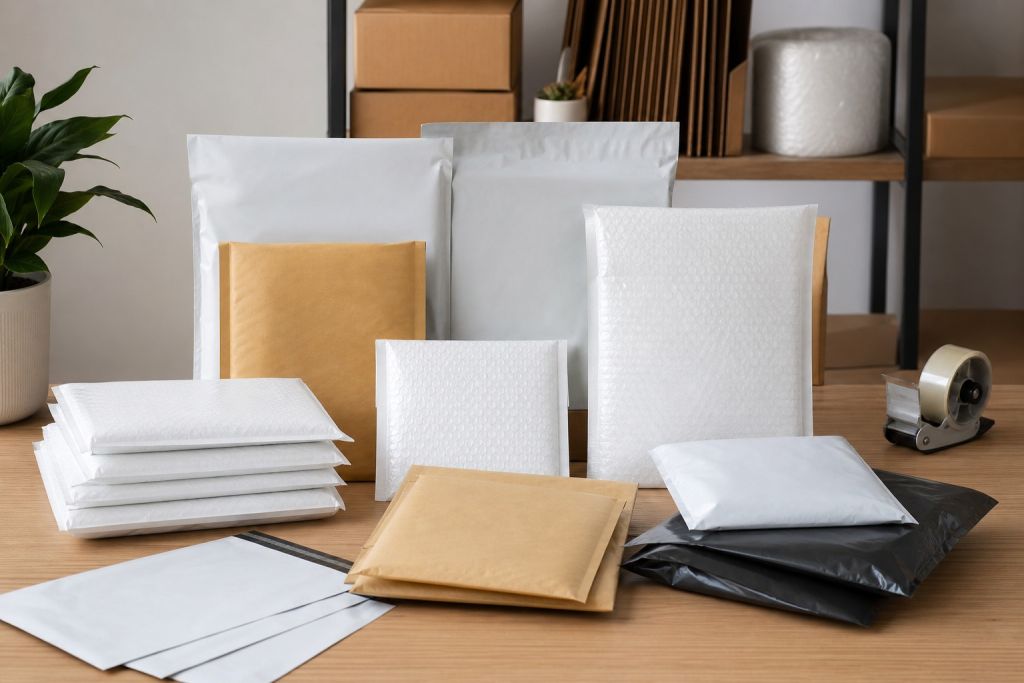 Bubble mailers, poly mailers and flat rigid envelopes arranged on a packing bench