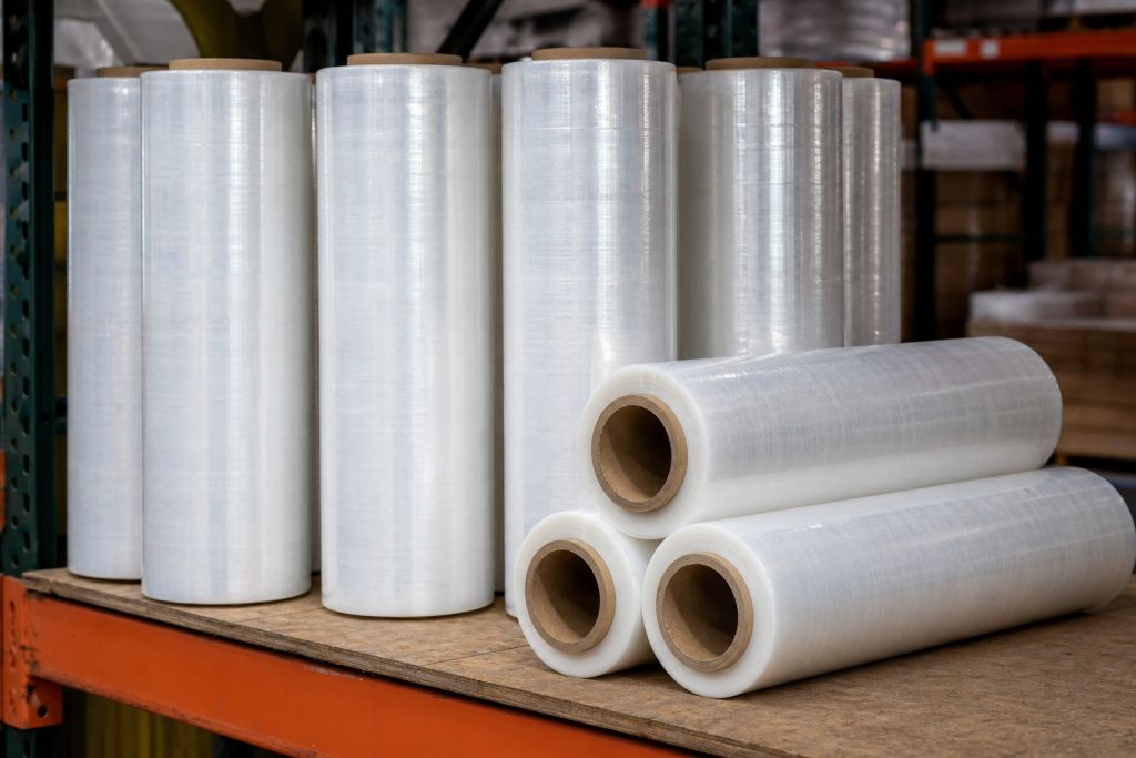 Rolls of wholesale stretch wrap film staged on a pallet rack beam near a shipping dock