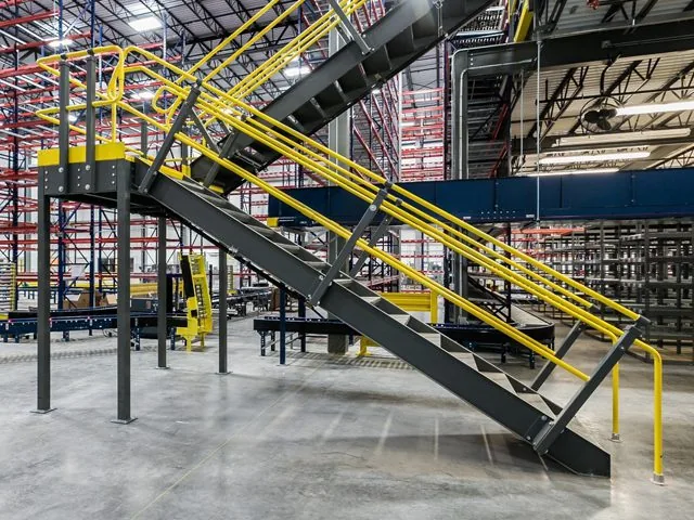 IBC-compliant welded steel mezzanine stair with handrails and closed risers serving an elevated platform