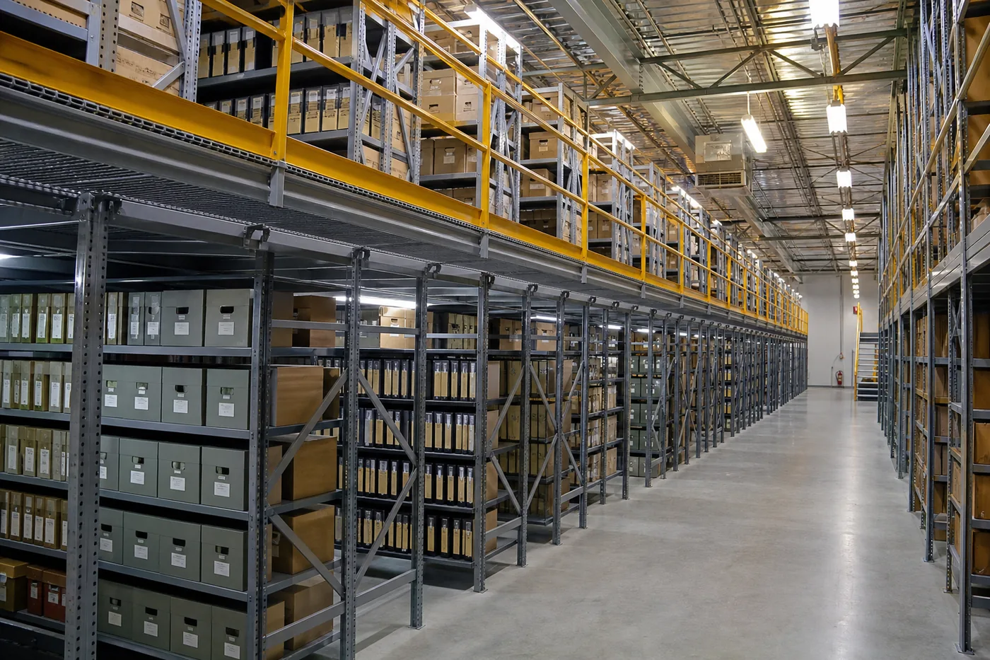 Shelving-supported mezzanine with two tiers of steel shelving rows and an elevated walkway deck between them