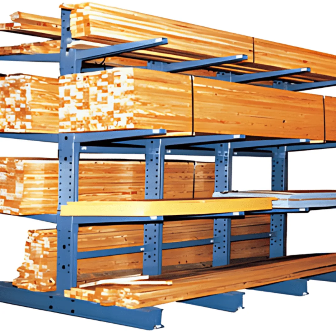 Cantilever pallet rack loaded with banded bundles of dimensional lumber