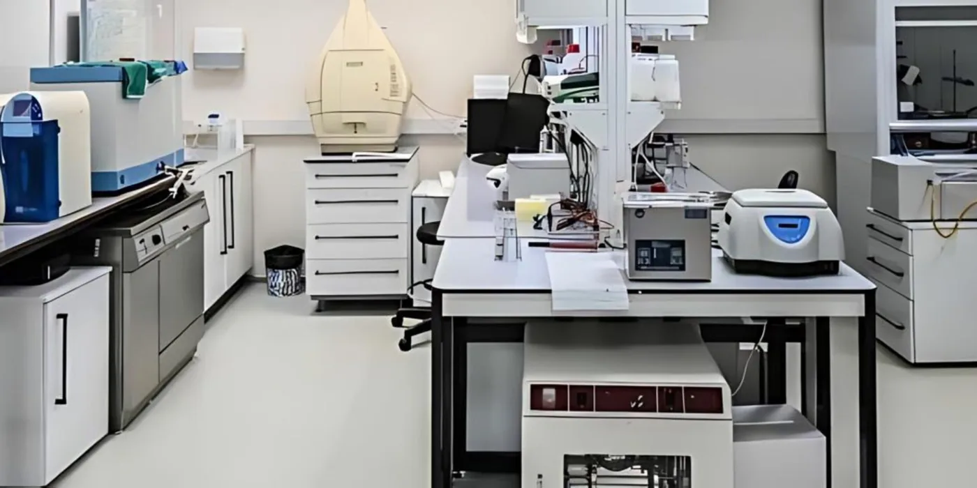 Laboratory countertop and equipment layout with chemical-resistant work surfaces