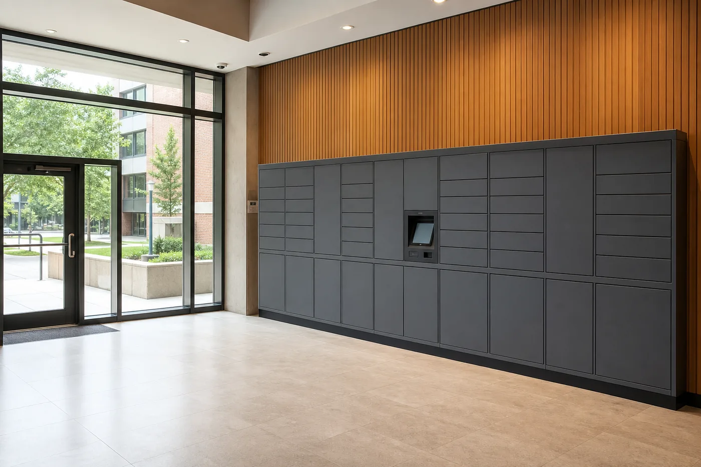 Parcel locker bank in an apartment lobby with a clear, open floor area in front of the touchscreen and lower doors