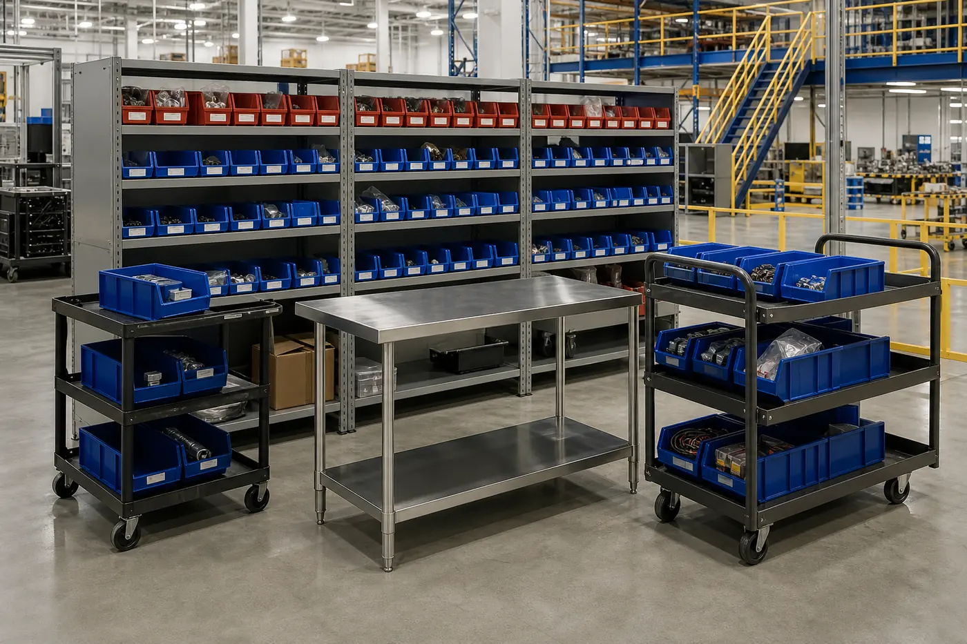 Kitting area with bin shelving