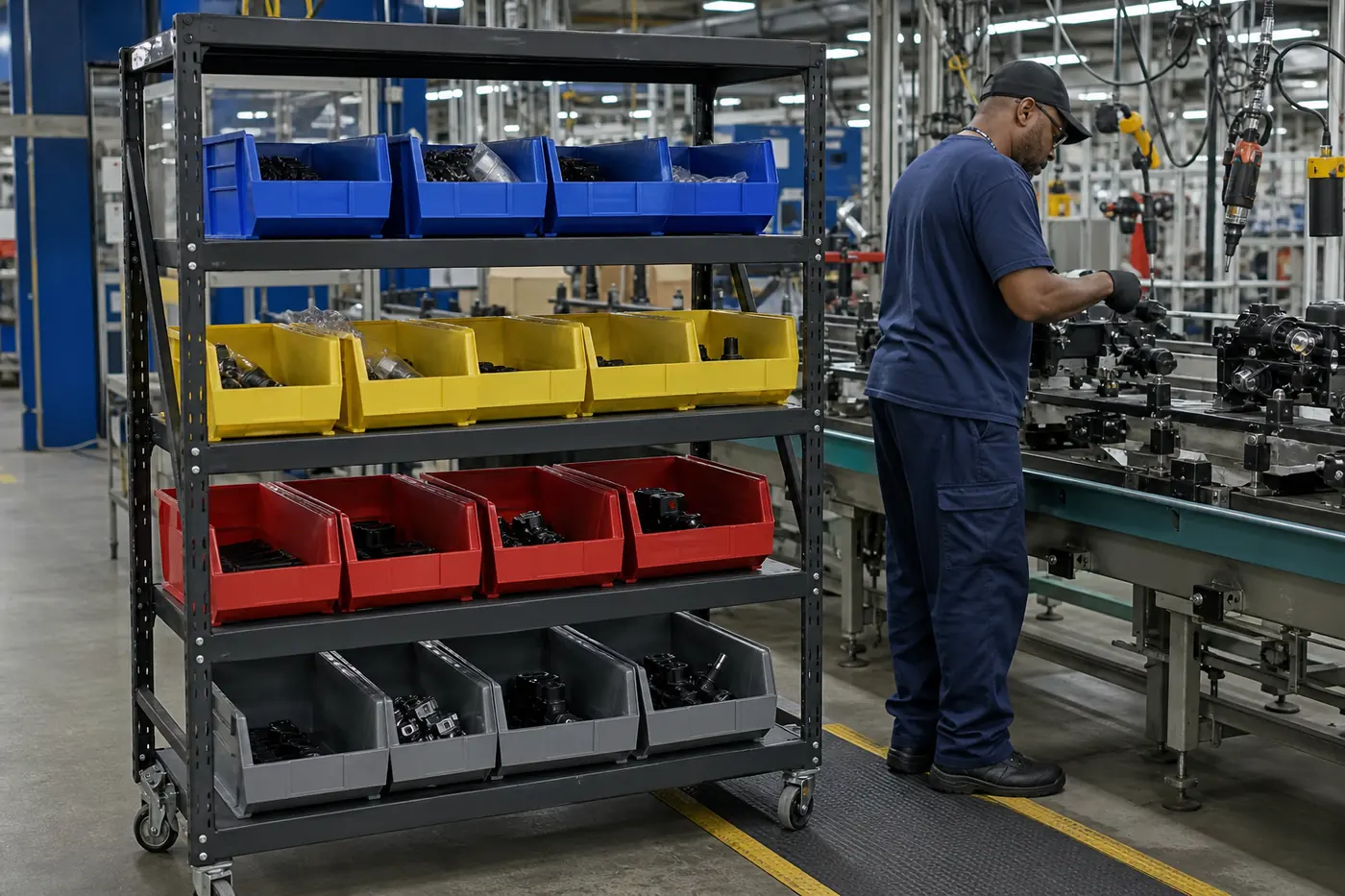 Kitting cart staged with labeled parts bins next to a manufacturing assembly line