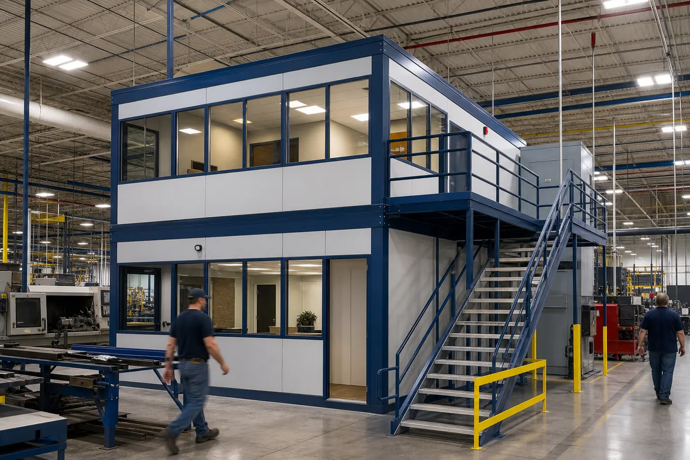 Modular in-plant office structure installed on a production floor beside the assembly area