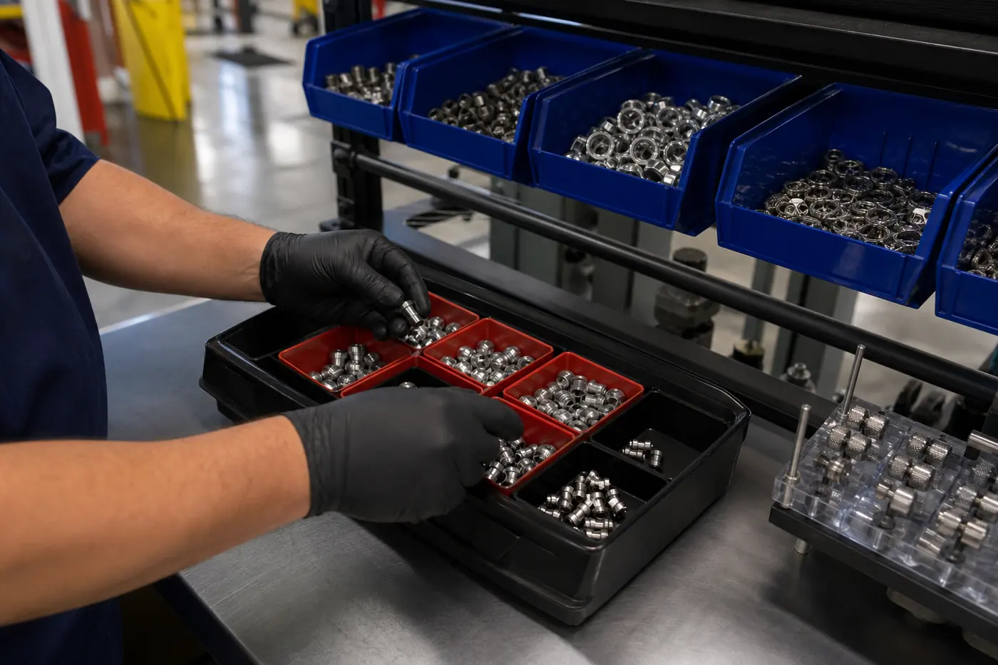 Operator picking small precision parts into a divided kit tray at an industrial workstation