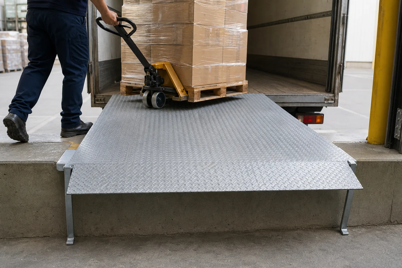 Aluminum dock plate with diamond tread bridging a dock and box truck while a pallet jack crosses