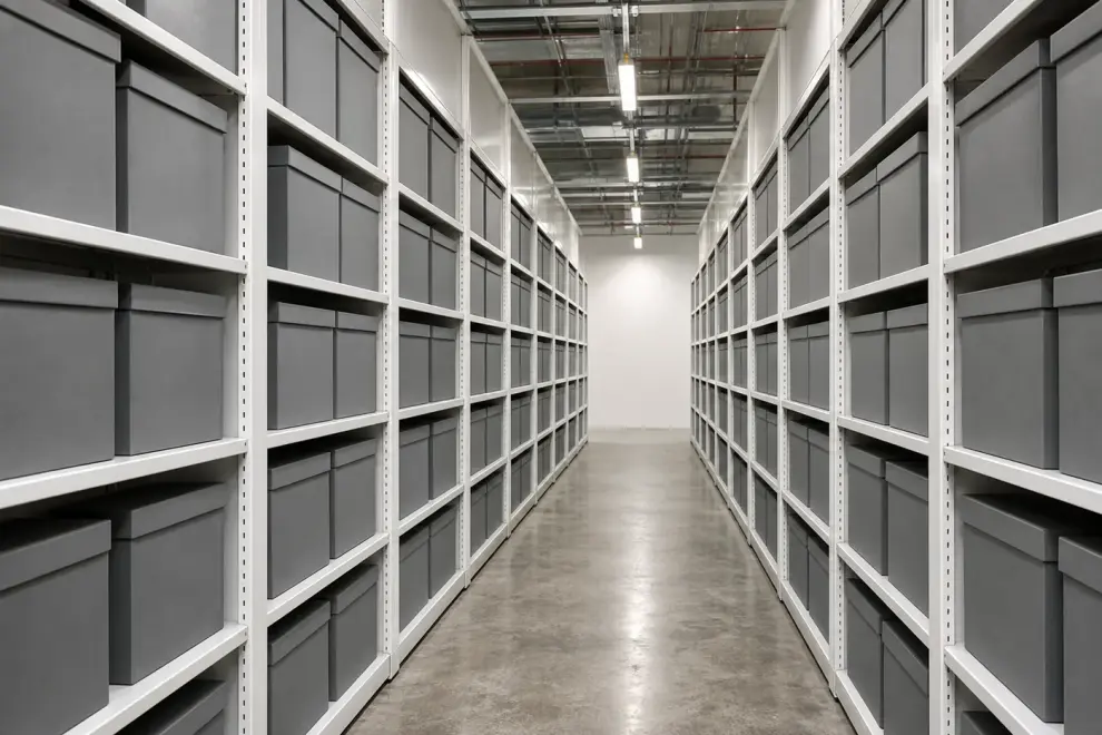 Aisle between closed-back steel shelving ranges holding uniform gray archive boxes