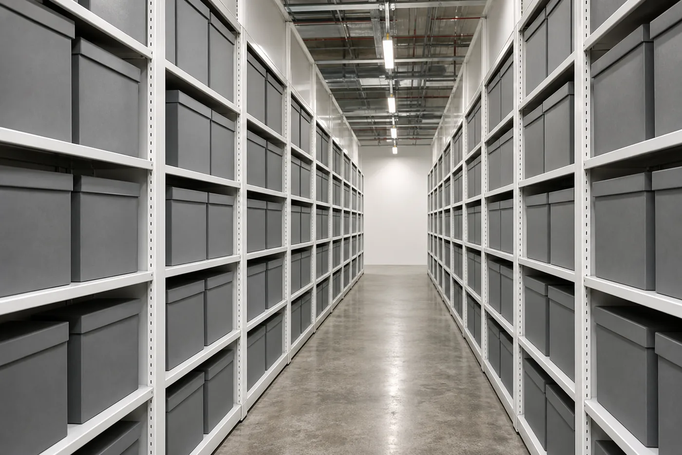 Aisle between closed-back steel shelving ranges holding uniform gray archive boxes