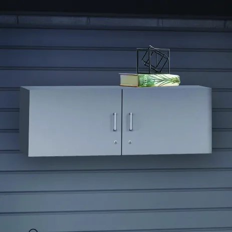 Lockable two door cabinet mounted on the slat wall of an Aurora InterActivwall module
