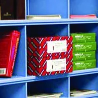 Aurora InterActivwall shelving with bin dividers creating cubby compartments for books and boxed classroom kits