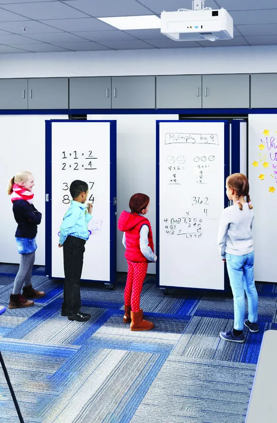 Aurora InterActivwall collaboration zone with pivot walls pulled out to divide student team work areas