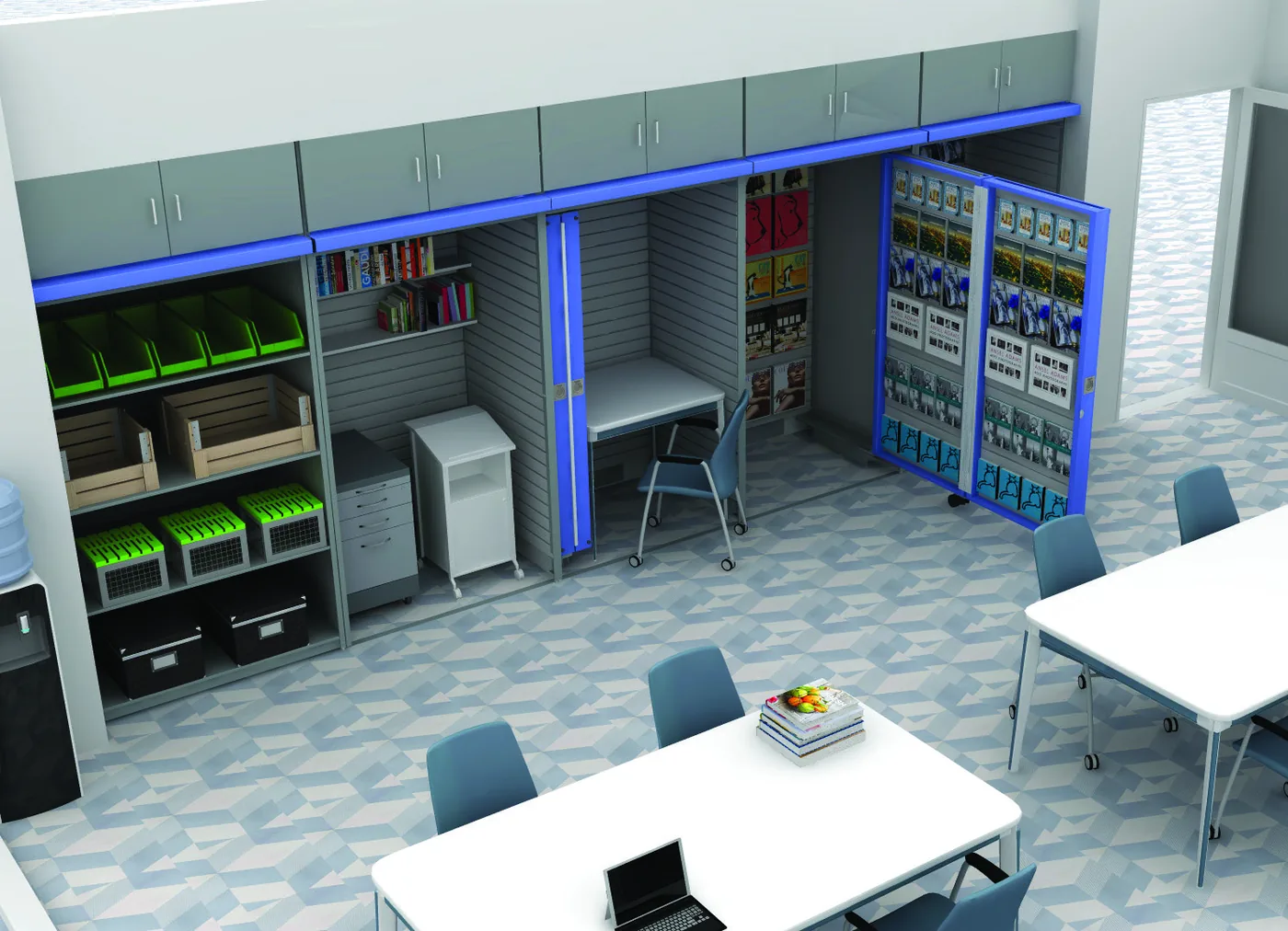 Aurora InterActivwall five module classroom layout spanning 20 feet with general storage, slat wall, pivot walls and overhead cabinets