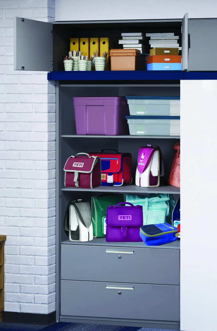 Aurora InterActivwall general storage module with adjustable shelves holding totes and backpacks below a locking upper cabinet