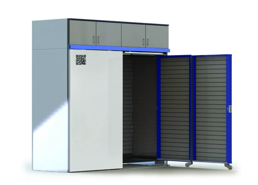 Aurora InterActivwall single module render showing the sliding whiteboard, upper cabinet and two slat wall pivot walls swung open
