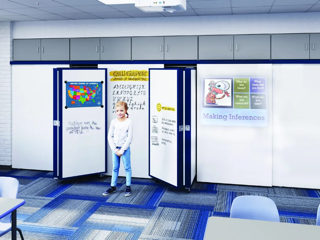 Aurora InterActivwall presentation zone with magnetic whiteboard and projection surfaces in a classroom
