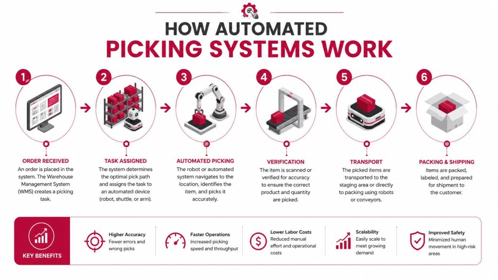 A step-by-step infographic illustrating the automated warehouse picking process from order receipt to final packing and shipping.