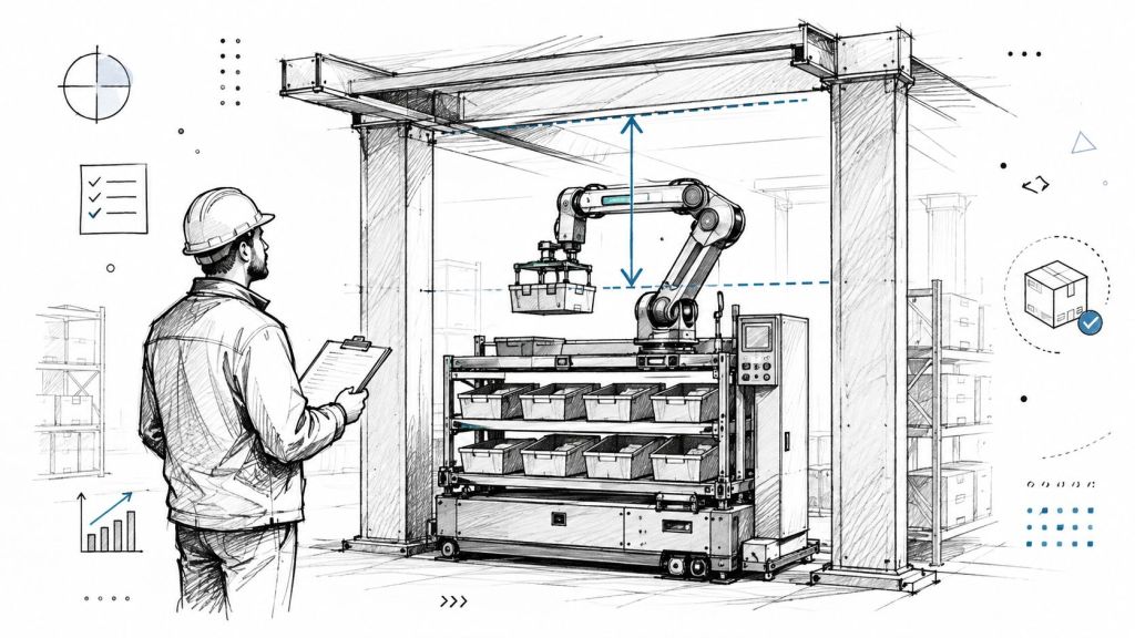 A worker in a hard hat inspecting an automated warehouse picking system with a robotic arm.