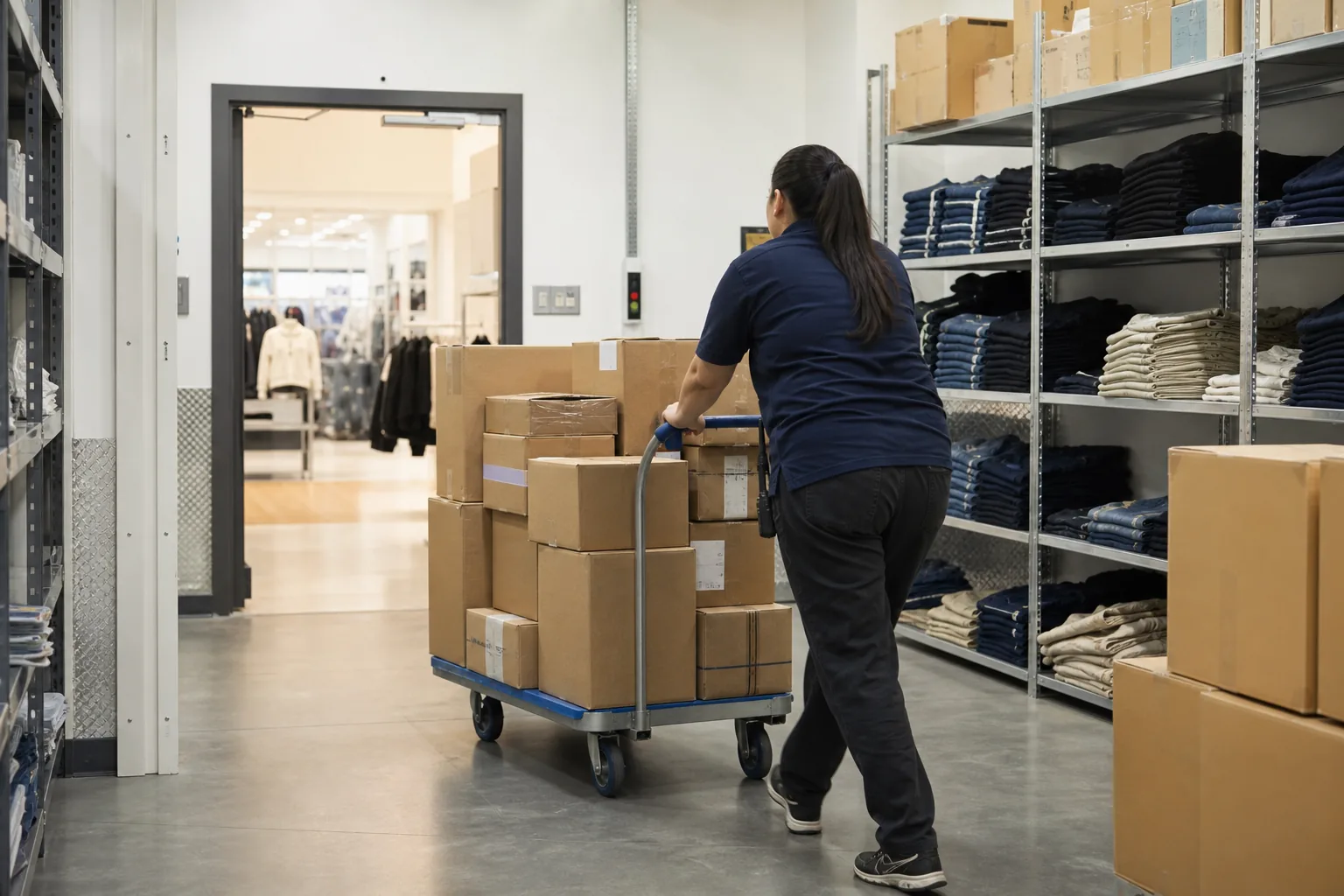 Retail worker pushing a loaded stocking cart from the backroom toward the sales floor during shelf replenishment