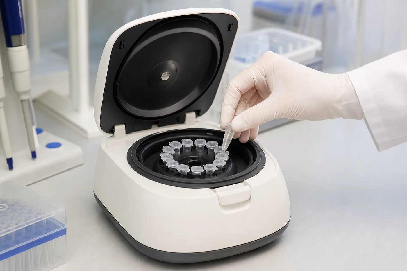 Gloved hand loading sample tubes into a benchtop micro centrifuge rotor