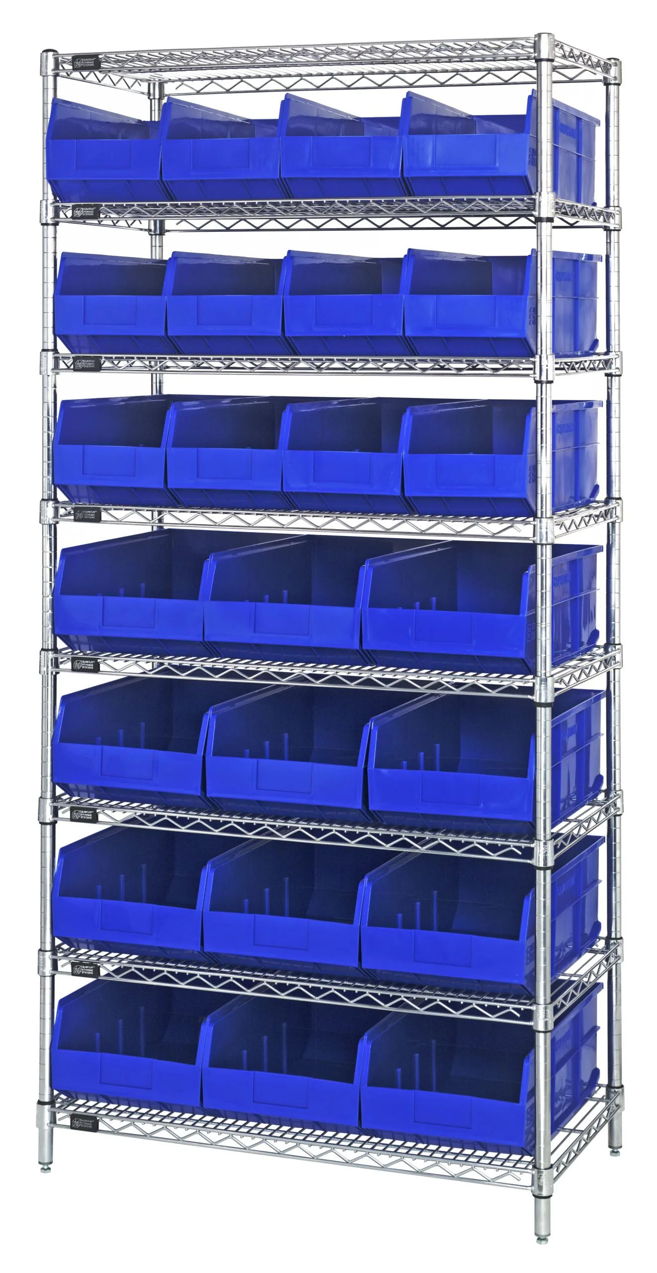 Chrome wire bin shelving unit fully loaded with blue open-front plastic bins in two sizes