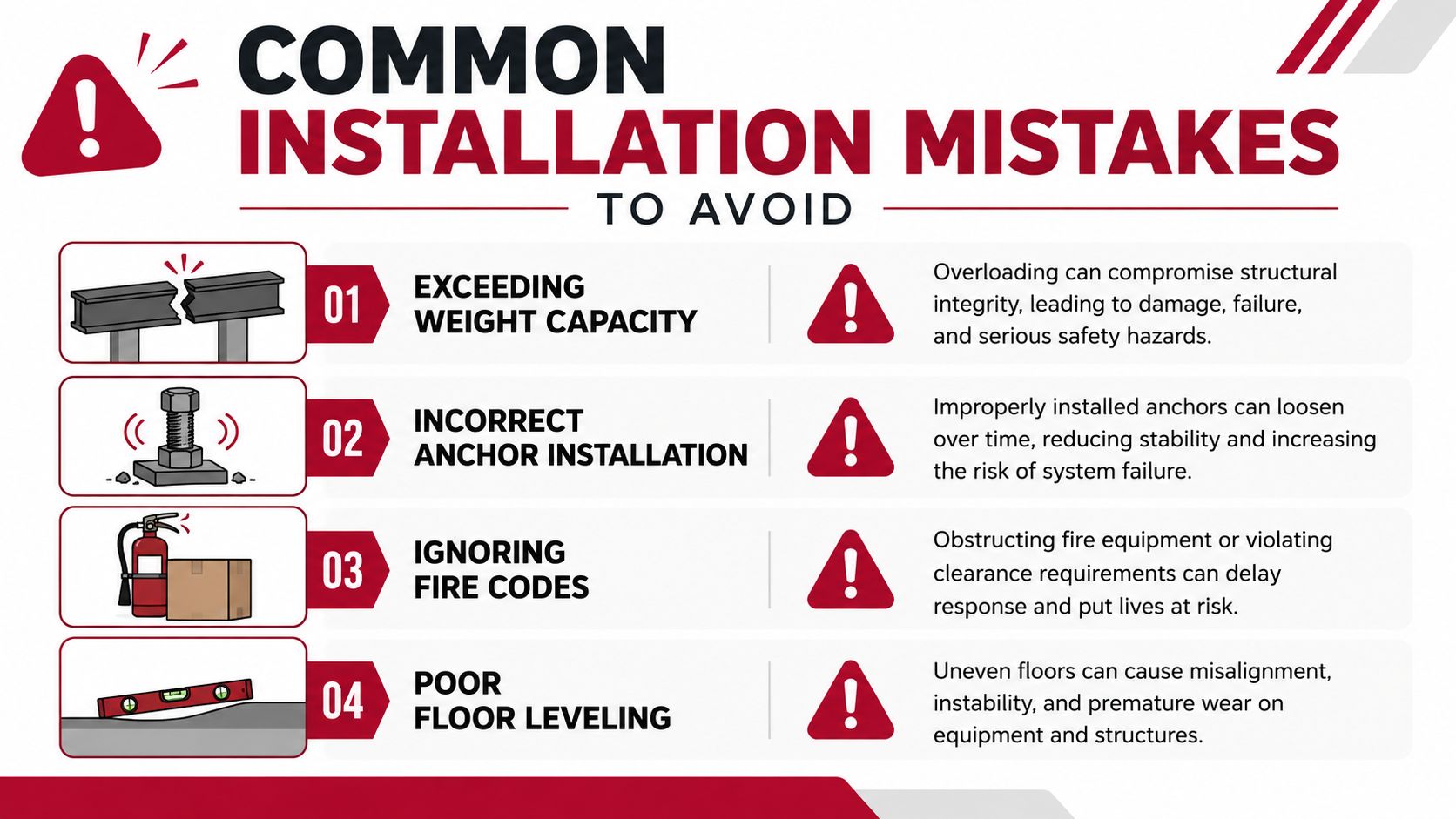 Guide to common storage installation mistakes including overloading, poor anchoring, and fire code issues