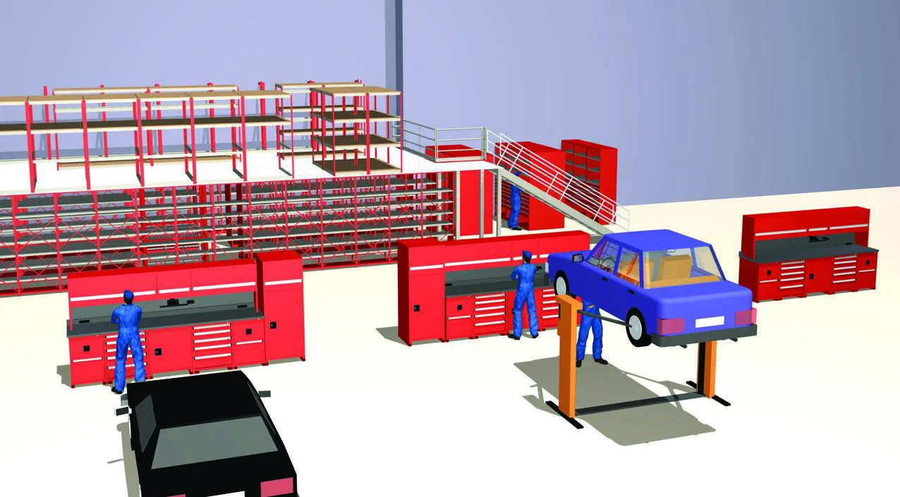3D rendering of a dealership service department with vertical parts storage