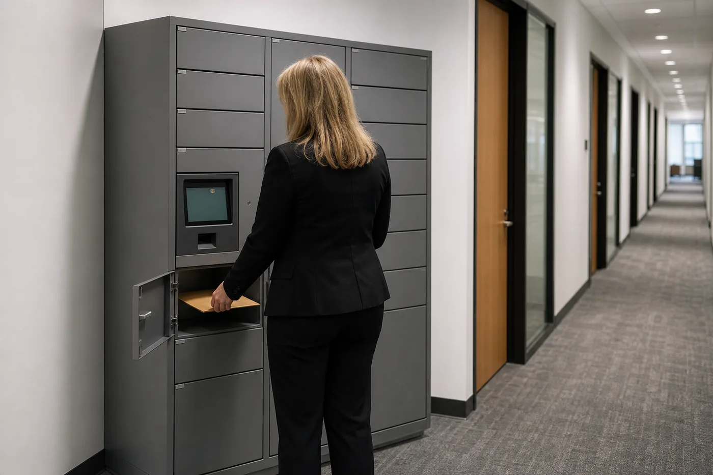Staff member placing a document envelope into an interdepartmental transfer locker