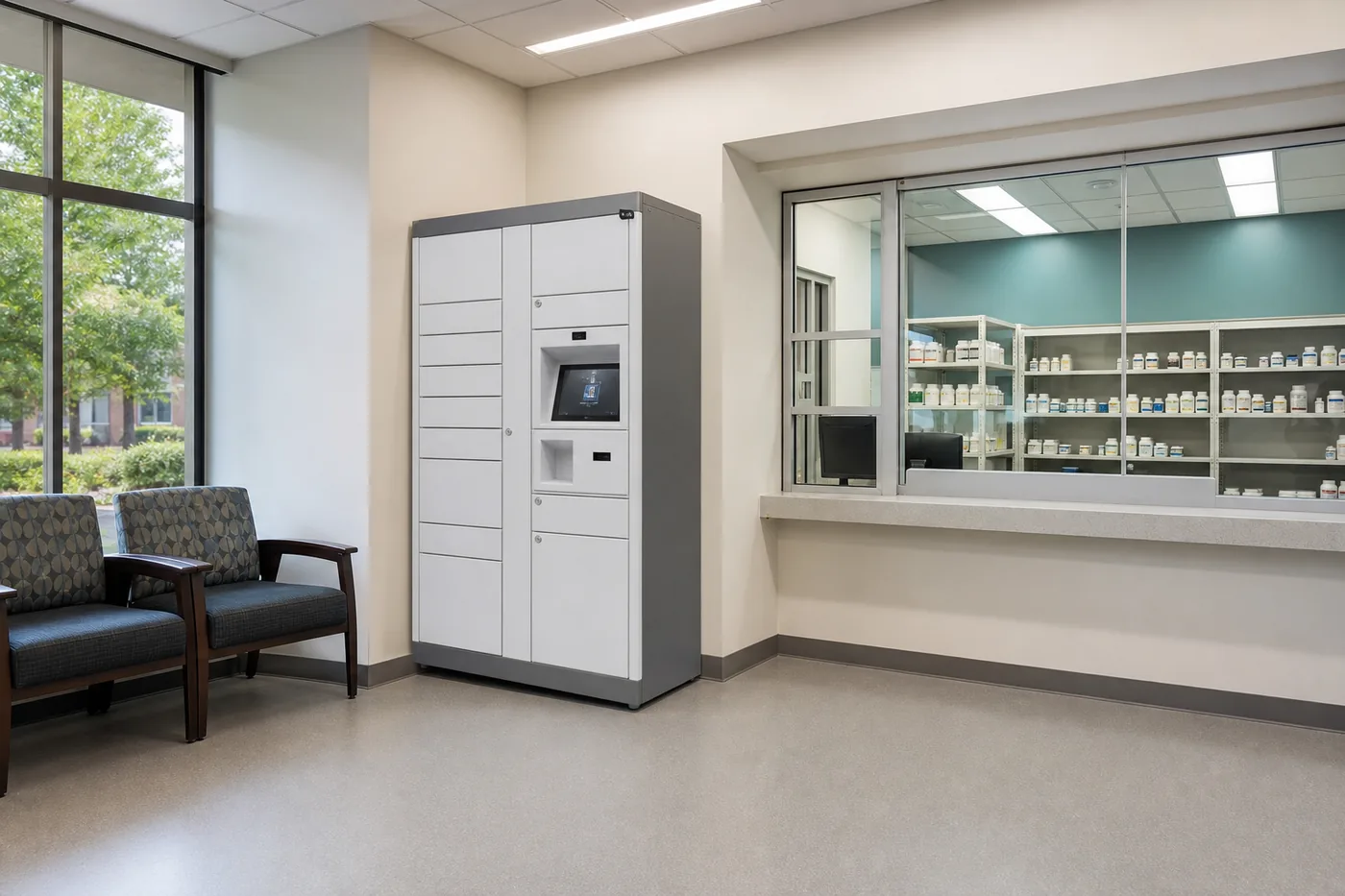 Prescription pickup smart locker beside a campus health center pharmacy window