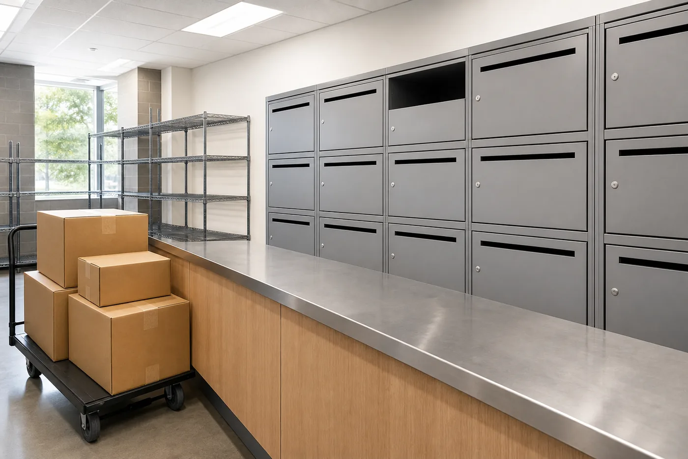 Mail centre counter with mailbox bank, wire shelving and a cart of parcels beside a stainless steel worktop