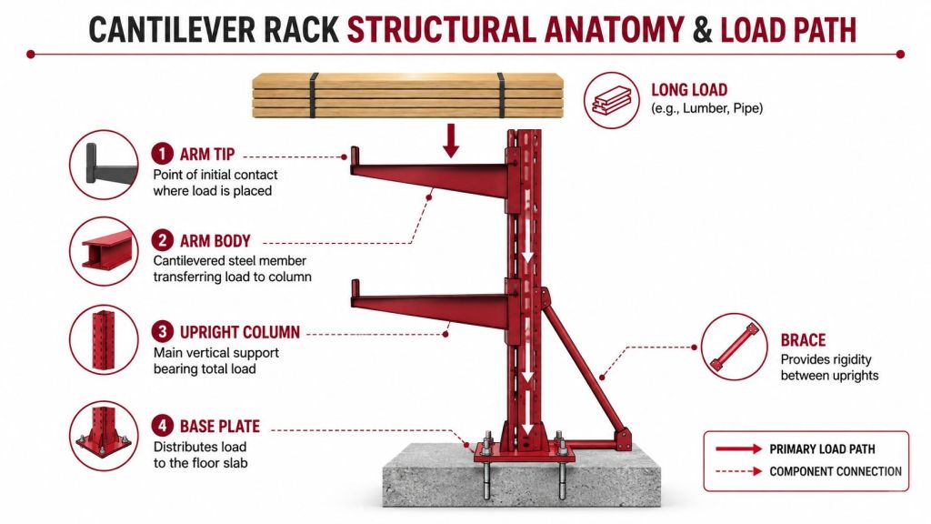 A diagram illustrating the structural anatomy and load path of a red industrial cantilever rack storage system.