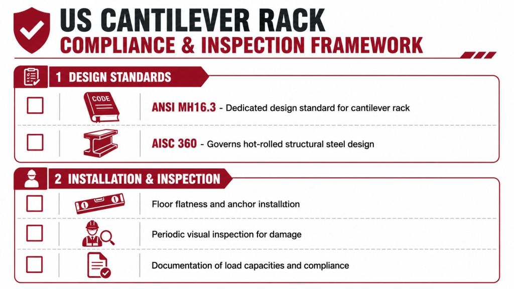 A compliance and inspection framework infographic for US cantilever rack safety and design standards.
