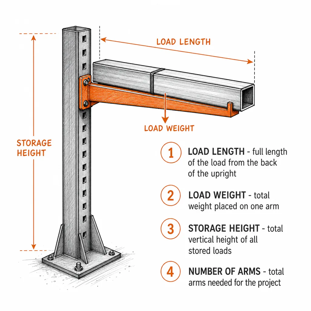 Diagram of cantilever rack sizing inputs: load length, load weight, storage height, and number of arms.