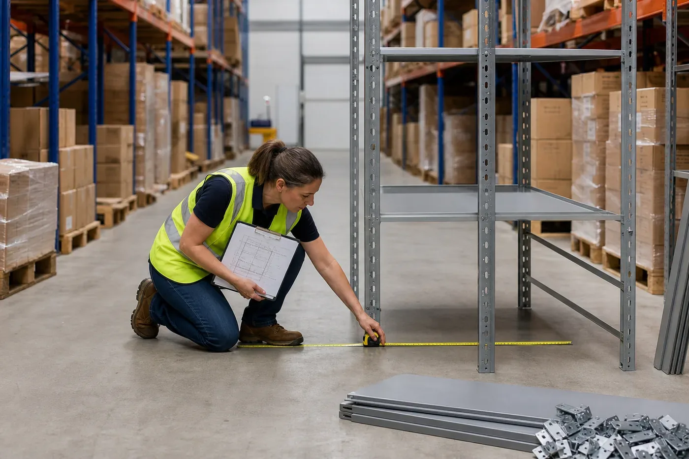 Warehouse worker in a safety vest measuring a rack bay and floor layout with a tape measure and clipboard