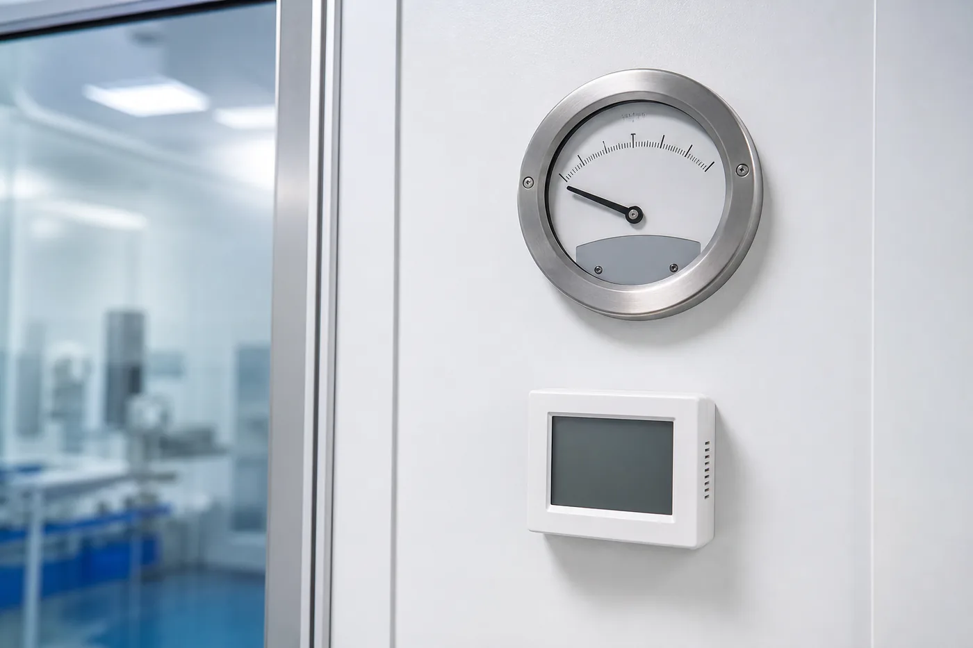 Wall-mounted differential pressure gauge and controller beside the window of a controlled modular room