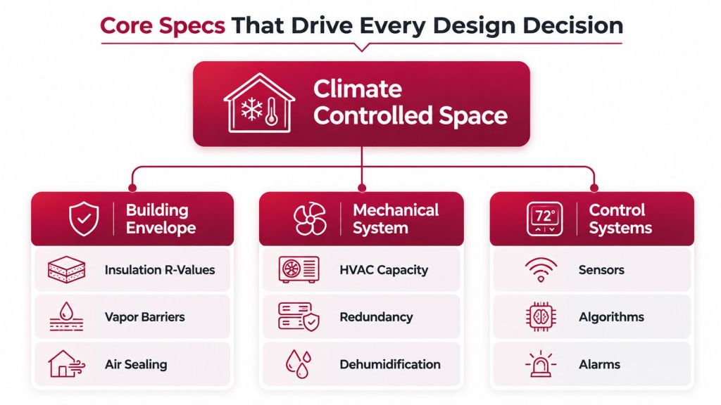 A diagram outlining the core specifications for designing climate-controlled spaces, including building envelope, mechanical systems, and control systems.
