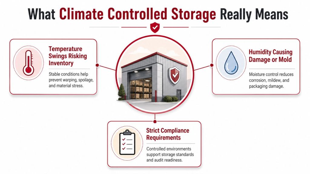A diagram explaining climate controlled storage benefits, featuring temperature regulation, humidity control, and strict compliance requirements for warehouses.