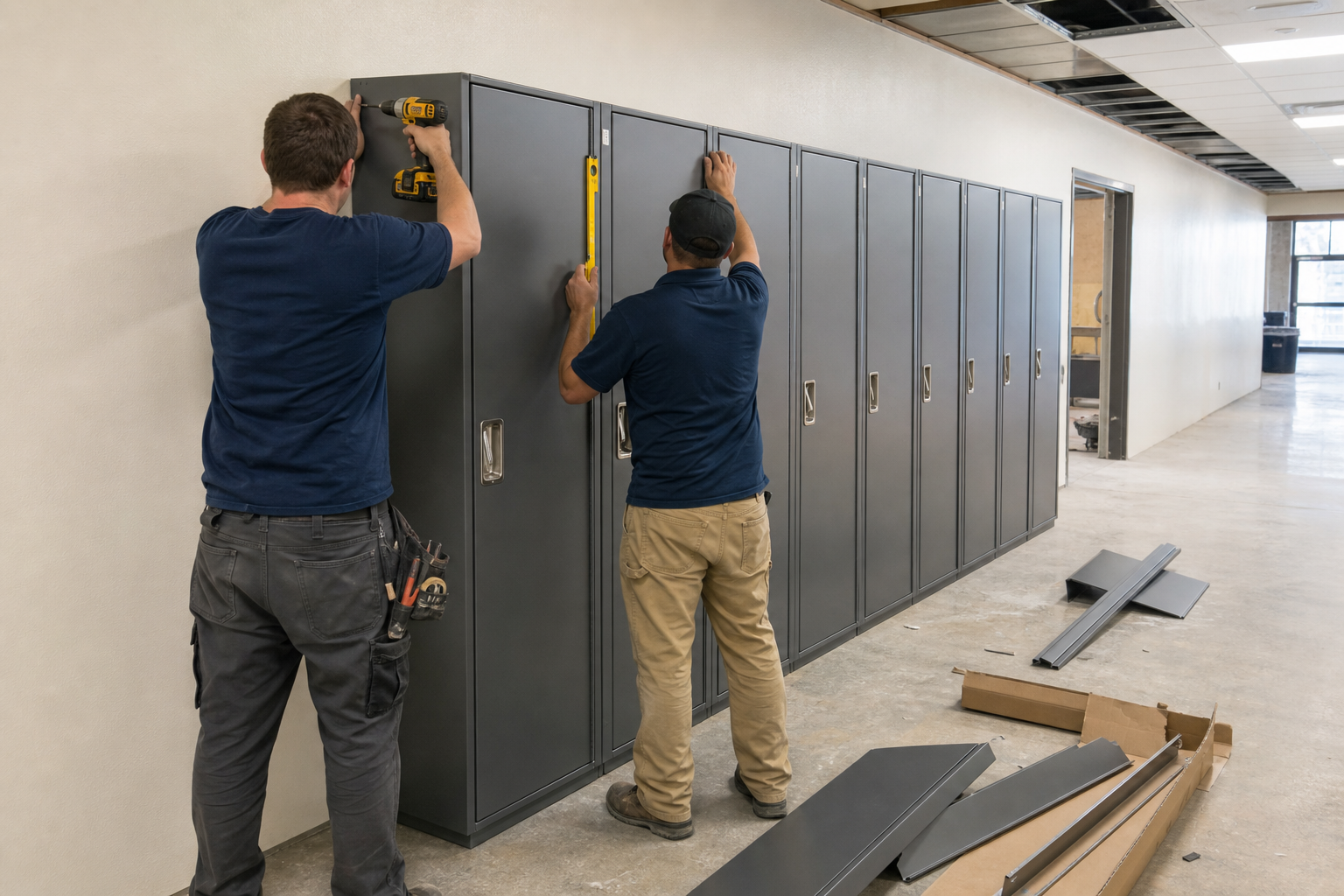 Installers anchoring and leveling a run of steel corridor lockers along a hallway wall